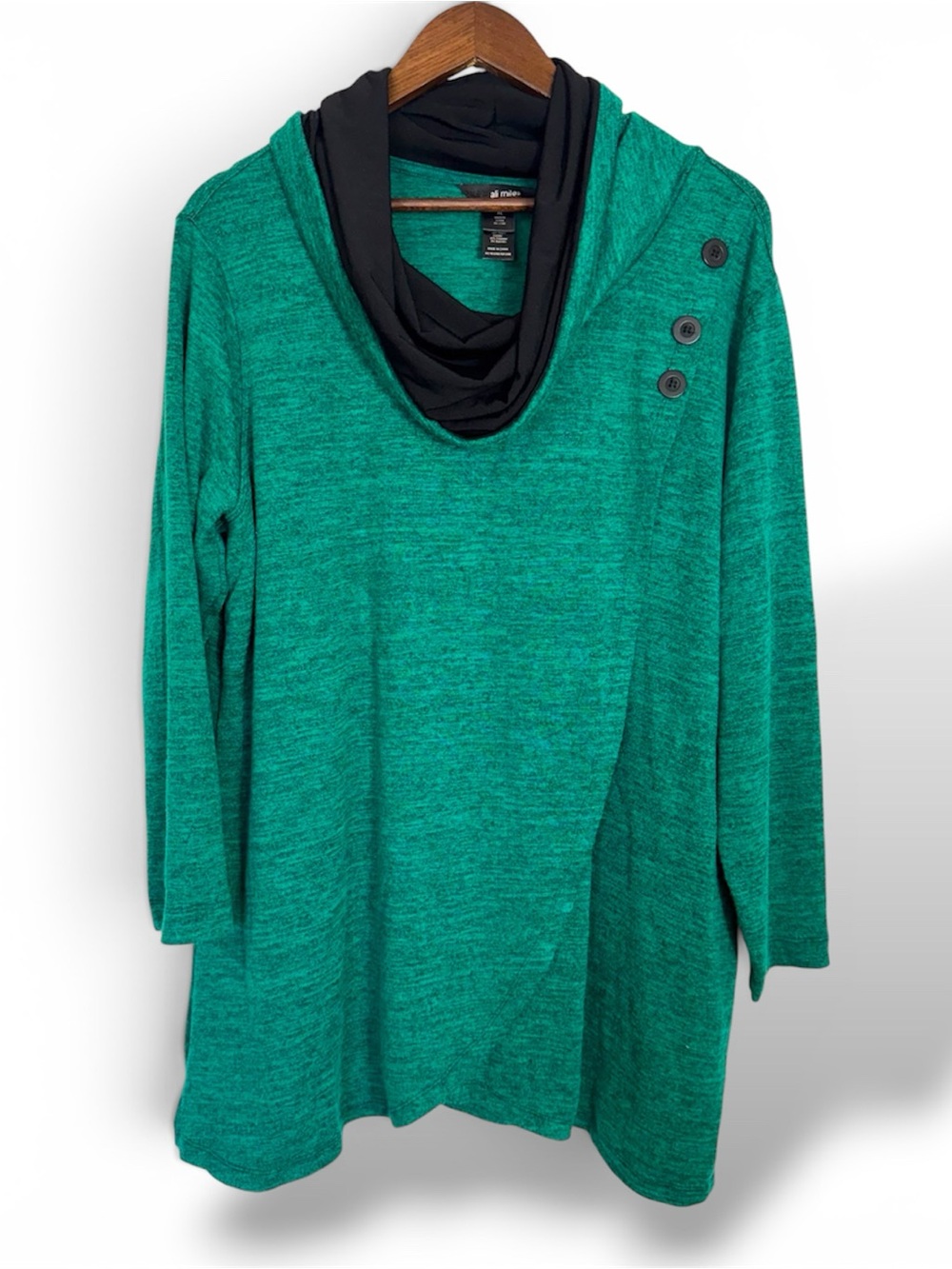 Ali Miles Green Cowl Neck Sweater Tunic with Black Trim and Buttons